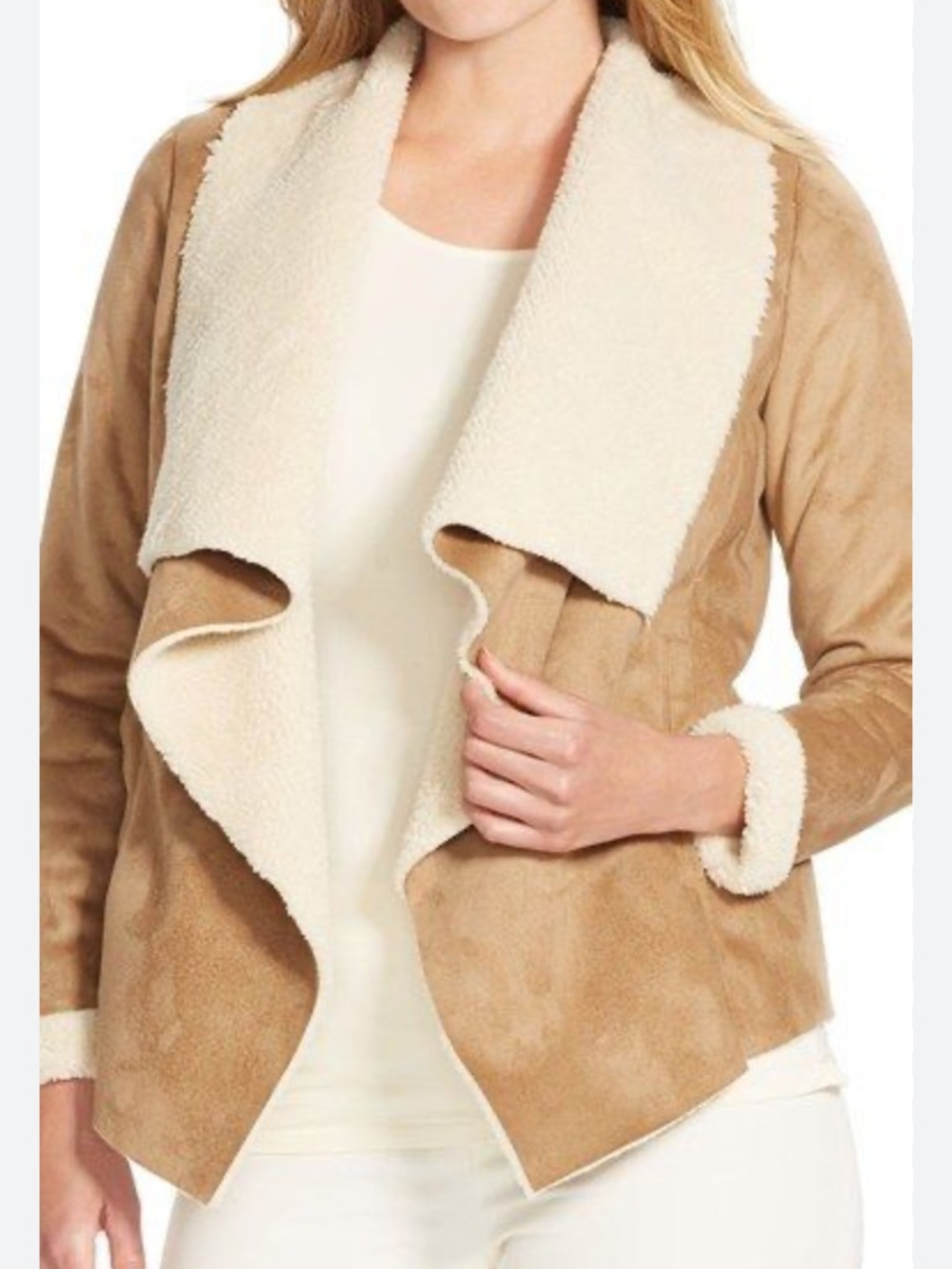 Forever 21 Tan Suede-Look Teddy Lined Drape Jacket